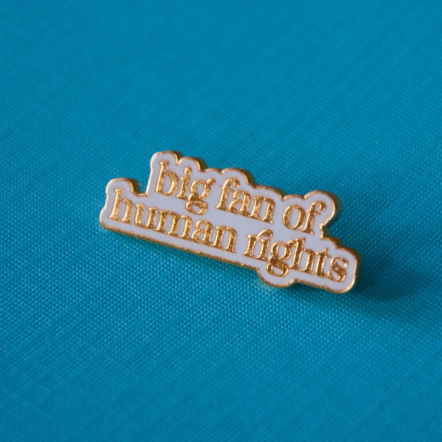 Pin with 'Big fan of human rights' text on a blue background