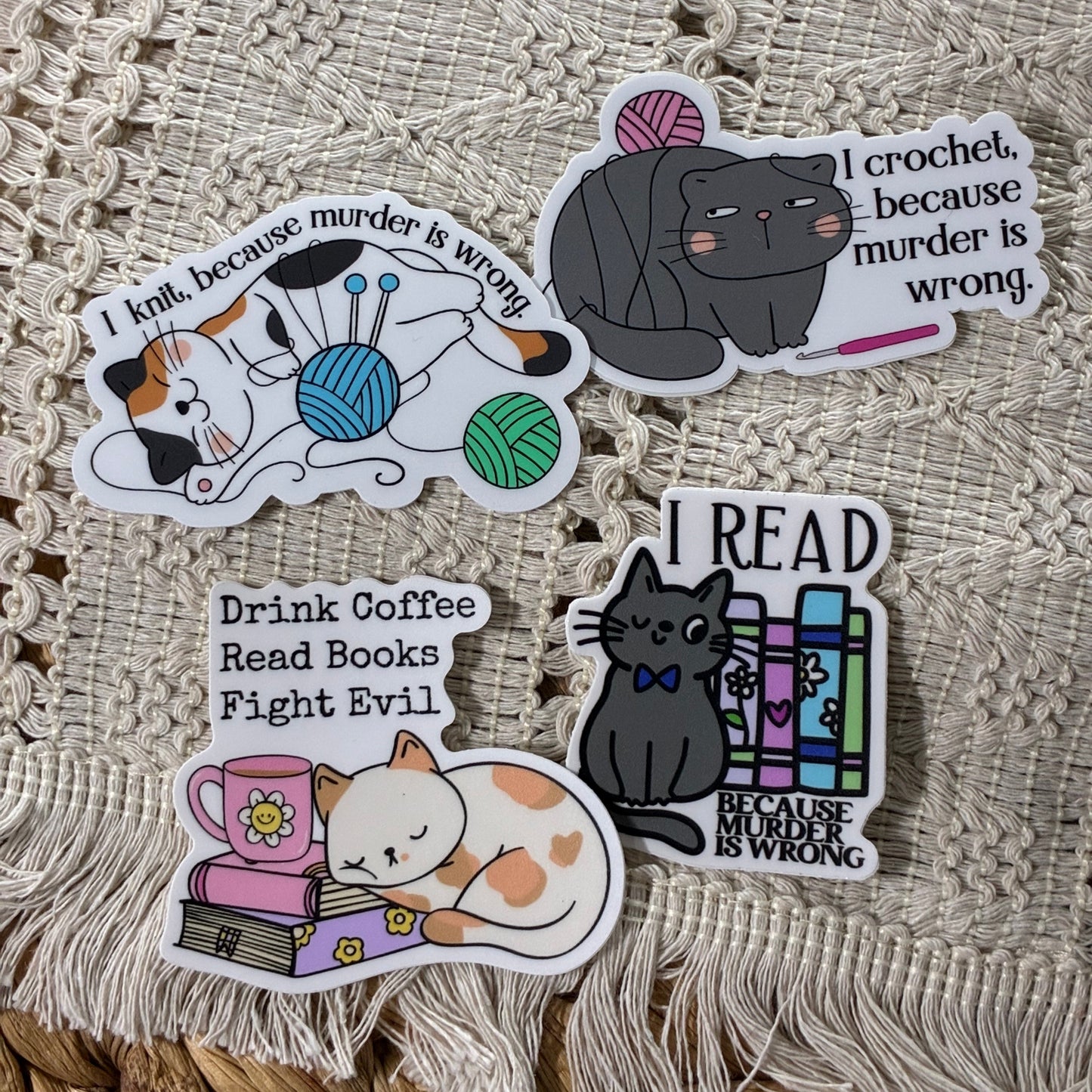 Knitting Crochet Reading and Fight Evil Cat Stickers