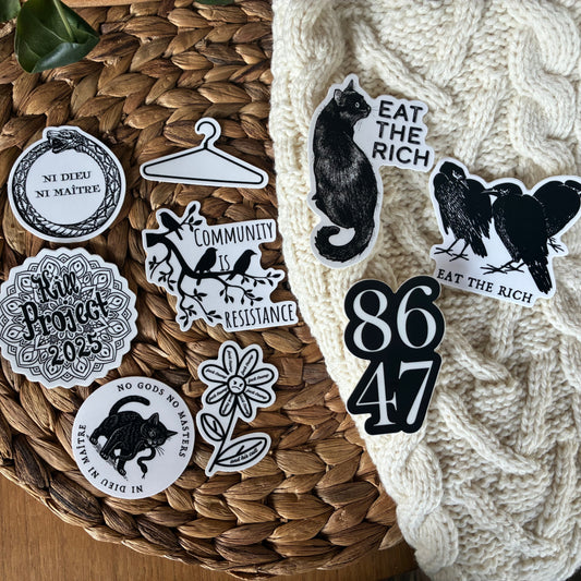 eat the rich sticker, cat sticker, no gods no masters, liberal sticker bundle
