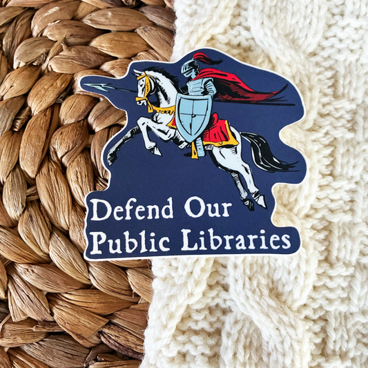 Defend Our Public Libraries Sticker of Knight and Horse with Shield