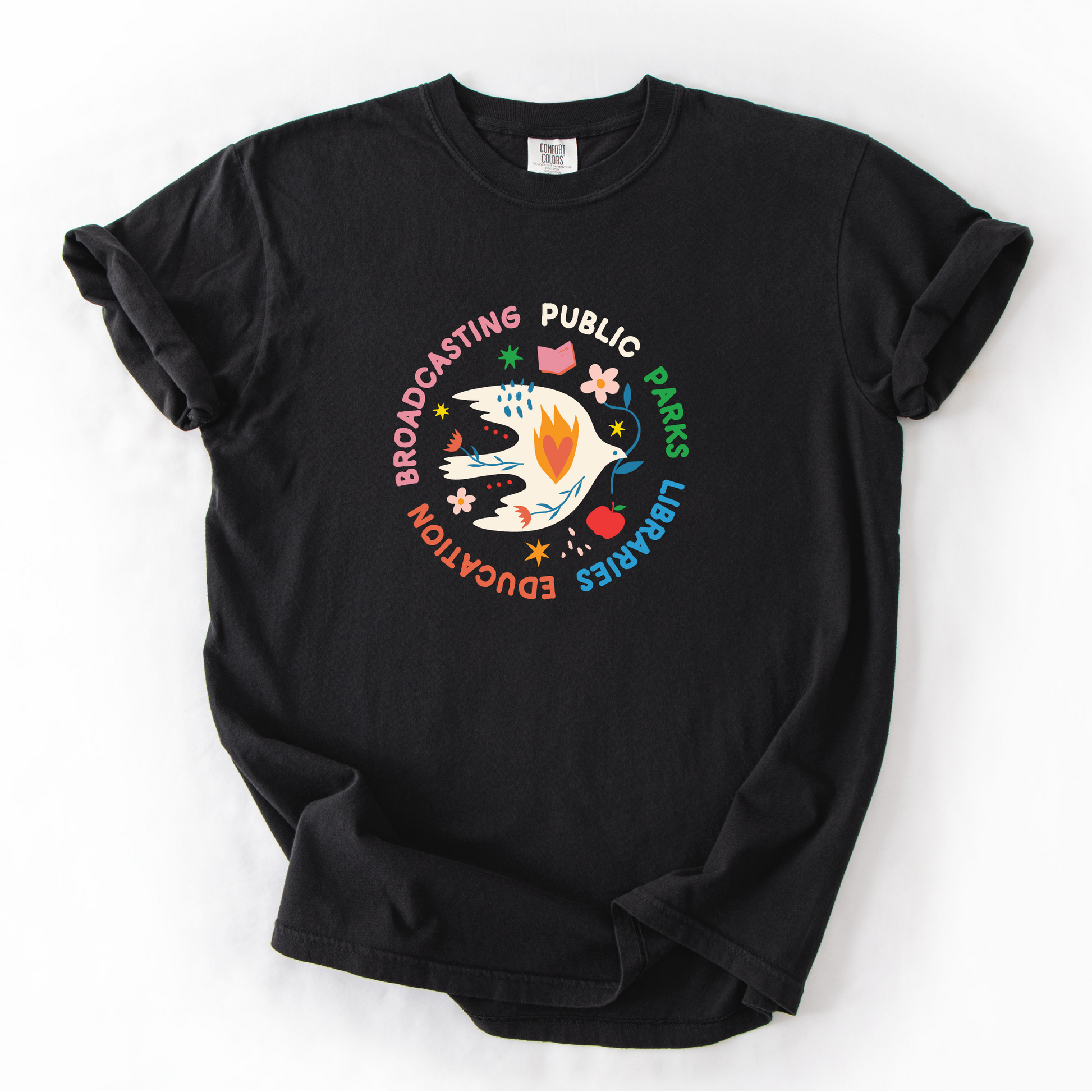 Public Parks Libraries Education and Broadcasting Shirt with heart, dove, apple and flowers