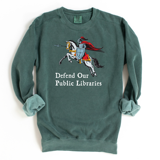 Defend Our Public Libraries Sweatshirt - Medieval Knight - Unisex Pigment Dyed Crew Sweatshirt