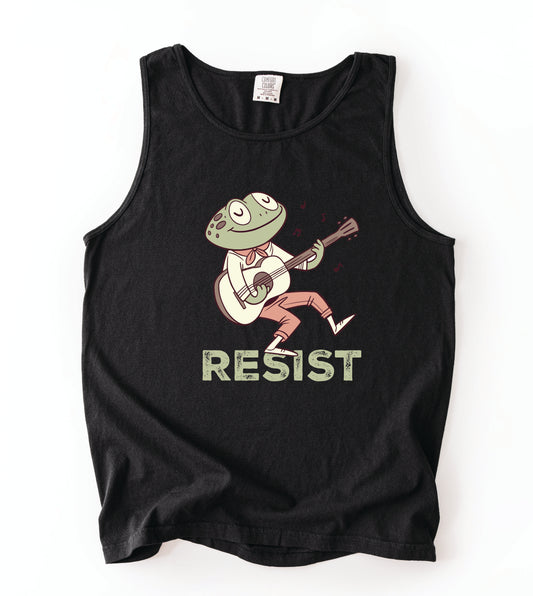 RESIST Frog Guitar Tank Top Vintage Protest Art Comfort Colors Unisex Tank Progressive Activist Shirt